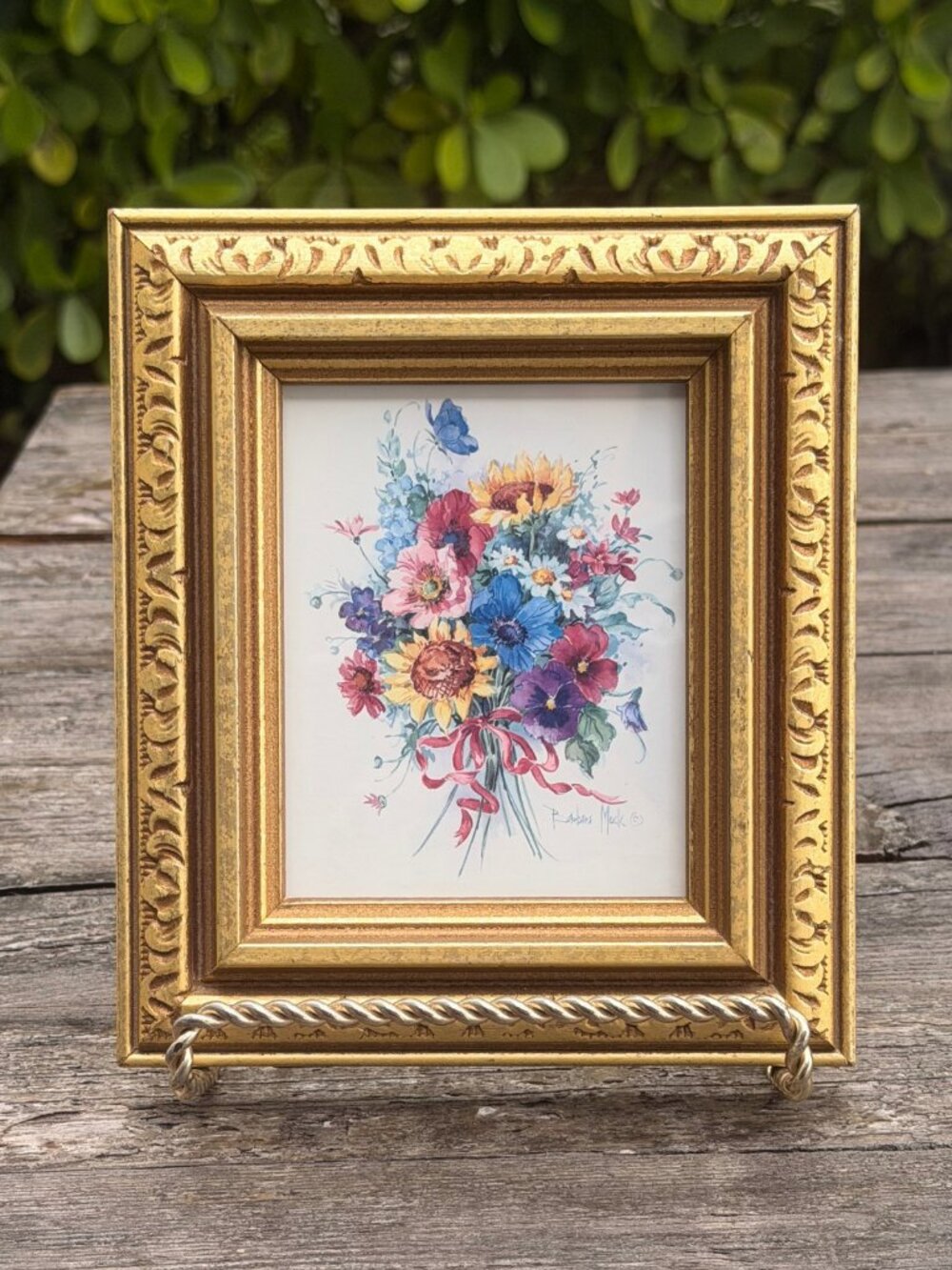 Vintage Barbara Mock Watercolor Print Mini Flower Bouquet Gold Framed 6.5”x 7.5”